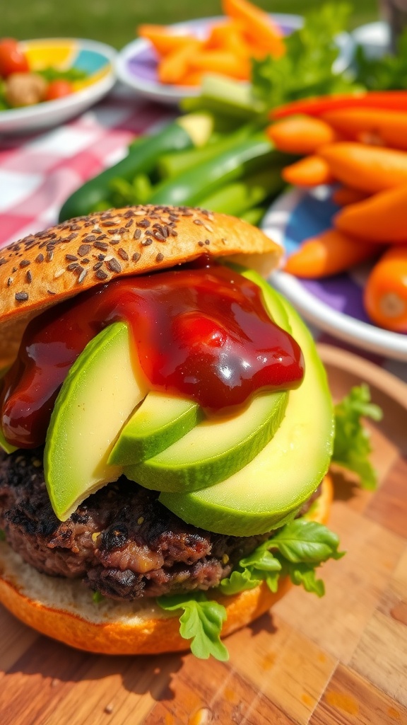Vegan BBQ burger with black bean patty, avocado, and BBQ sauce on a bun, in a summer picnic setting.